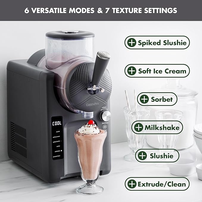 GreenPan Frost Ice Cream Maker & Slushie Machine, Soft Serve, Sorbet, Margaritas, Milkshakes, Frozen Yogurt, No Pre-Freezing, Ready in 15 Mins, 6 Modes, 7 Textures, Self-Cleaning, Family Size, Gray