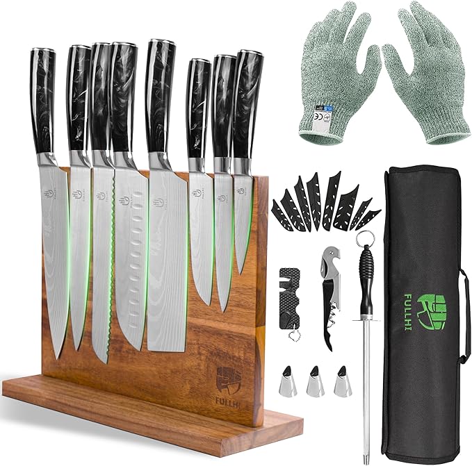 FULLHI 15pcs Japanese Knife Set with Magnetic Knife Block Holder, Japan Stainless Steel Blades, Black Resin Ergonomic Handles for Professional and Home Cooking