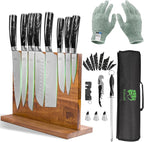 FULLHI 15pcs Japanese Knife Set with Magnetic Knife Block Holder, Japan Stainless Steel Blades, Black Resin Ergonomic Handles for Professional and Home Cooking