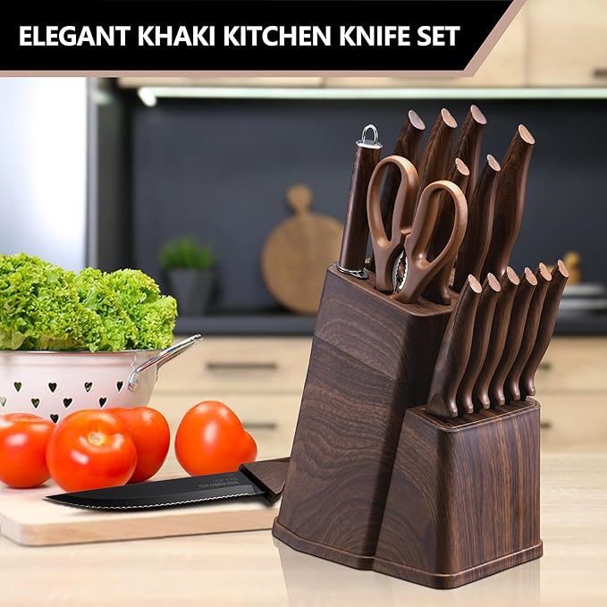 E-far Knife Set with Block, 15 Pieces Kitchen Knife Block Set with Sharpener, High Carbon Stainless Steel Sharp Chef Knife Set with Ergonomic Handles, Anti Rust, Walnut