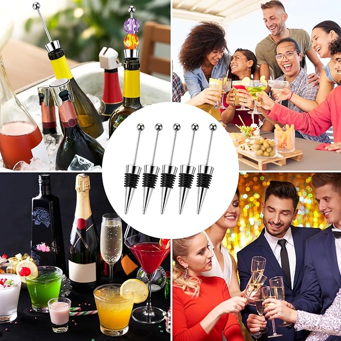 5 Packs Metal Bottle Stopper Kit, Reusable Wine Saver Corks, Stainless Steel Wine Bottle Stopper, Beadable Bottles Cap, Decorative Corkscrew for Wedding Party Bar