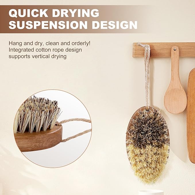 2 Pack Wooden Vegetable Brush for Food - Dual Bristle Potato Brush Scrubber with Hanging Rope | Natural Compostable Kitchen Vegetable Scrubber for Potatoes, Carrots, Fruits