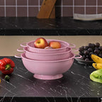 Stainless Steel Colander 3 Piece,Metal Strainer Basket with Solid Base and Handles for Kitchen Food,Pasta, Noodles, Vegetables and Fruits,Powder Coated,BPA Free,Dishwasher Safe,2 & 3 & 4.5 Qt (Pink)