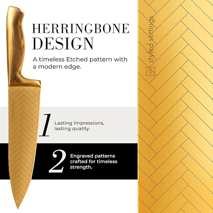 Styled Settings Gold Knife Set with Block and Sharpener – 14PC Golden Titanium-Coated Blades with Bold Herringbone Pattern, Knife Block with Built-in Sharpener, Durable, Luxury Kitchen Knives Set