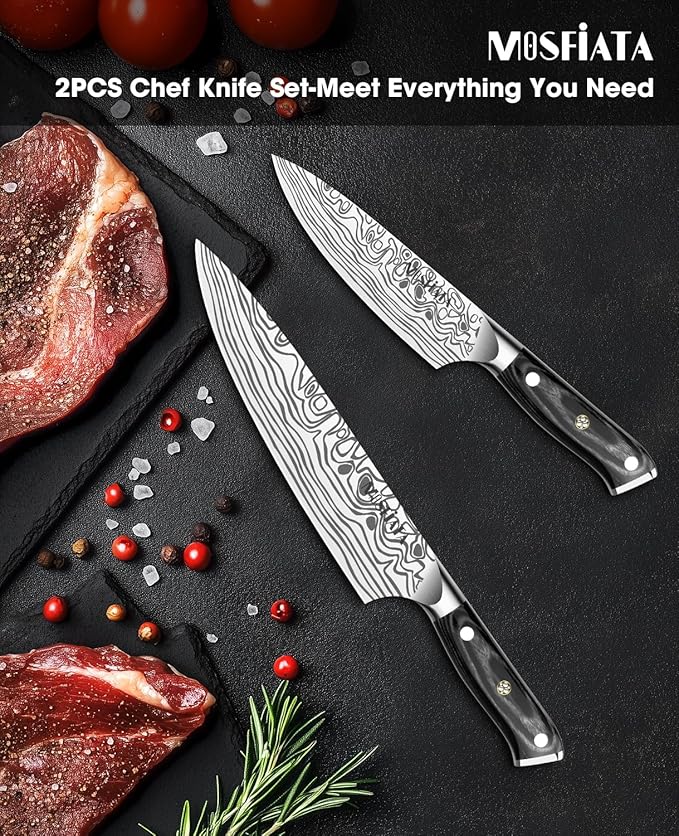 MOSFiATA 2Pcs Chef Knife Set, Sharp Kitchen Knife High Carbon German EN1.4116 Stainless Steel Cooking Knife, 9"&6" Chopping Knife Kitchen Knives Set with Ergonomic Handle, Gift Box