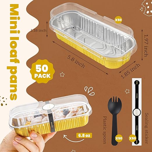 NPLUX 50 Pack Mini Cake Pans with Lids and Spoons Gold Rectangular Aluminum Foil Baking Pans Mini Cheesecake Containers(6.8oz)