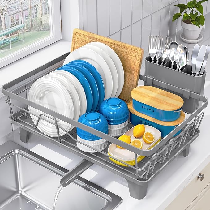 Urackify Dish Drying Rack for Kitchen Counter, Sink Dish Rack with Drainboard, Large Dish Drainer with Cups Holder, Home Countertop Plate Dryer Storage Rack with Cutlery Holder, Gray