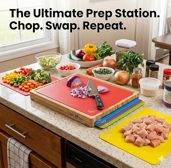 Cooler Kitchen Bamboo Cutting Board Set with 6 Color Coded Flexible Plastic Mats with Food Icons, Labeled Cutting Boards for Kitchen with Holder - BPA-Free Wooden, Dishwasher Safe, Large