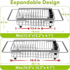 JASIWAY Dish Drying Rack in Sink, Expandable Stainless Steel Dish Drainer for Kitchen Sink, Dish Strainer Rack, Retractable Over Sink Dish Rack with Utensil Holder, 13.4''~16.9''D x 12.2''W, Silver