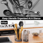 Set of 2 Utensil Holder, Large Metal Kitchen Utensil Holder and Small Silverware Holders with Diatomite Stone Base, Prevents Water Buildup, Utensil Drying Rack for Cooking Tools&Silverware, Black