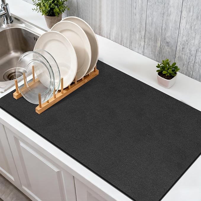 Findosom Dish Drying Mat, 17"x 32" Super Absorbent & Hide Stain Coffee Mat, Cuttable Drying Mat for Kitchen Counter, Coffee Bar Accessories, Under Dish Rack, Coffee Maker, Espresso Machine, Black-2