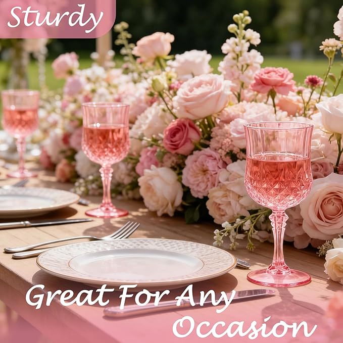 Plastic Wine Glasses, Plastic Goblets Vintage Style Cordial Unbreakable Drinking Glasses,Reusable Drinkware for Wedding Reception, Grand Event Party Supplies, Mother's Day(24, Pink)