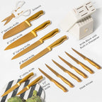 Styled Settings Gold Knife Set with Block and Sharpener – 14PC Golden Titanium-Coated Blades with Bold Herringbone Pattern, Knife Block with Built-in Sharpener, Durable, Luxury Kitchen Knives Set