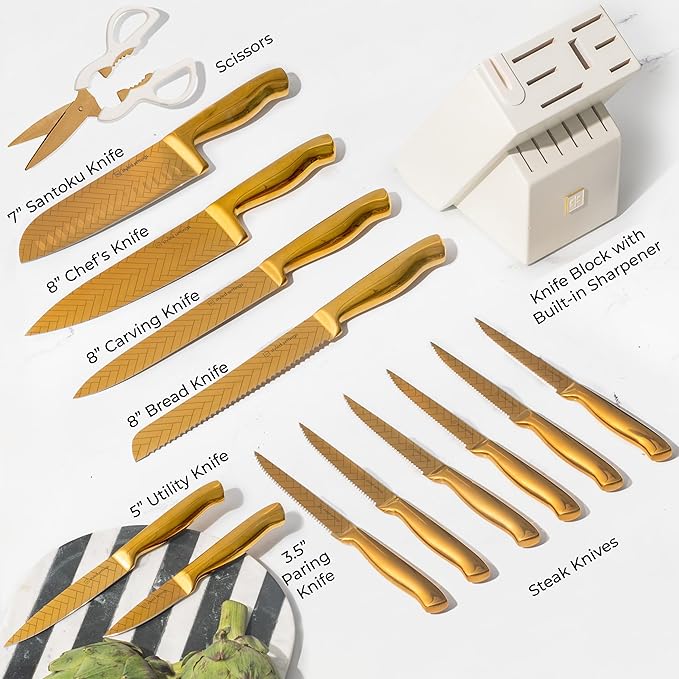 Styled Settings Gold Knife Set with Block and Sharpener – 14PC Golden Titanium-Coated Blades with Bold Herringbone Pattern, Knife Block with Built-in Sharpener, Durable, Luxury Kitchen Knives Set