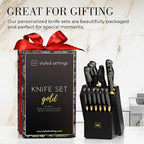 Personalized Black and Gold Knife Set with Block and Sharpener – 14-Piece Custom Engraved Titanium-Coated Gold Knives – Full Tang, Stainless Steel, Ergonomic, Gift-Ready