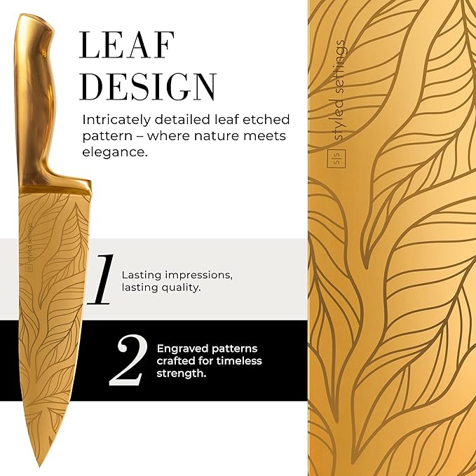 STYLED SETTINGS Knife Set with Built-in Sharpener – 14 PC Golden Titanium-Coated Stainless Steel Blades with Elegant Floral Pattern, Ultra-Sharp, Durable Kitchen Knife Block Set
