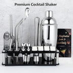 25-Piece Cocktail Shaker Set, Stainless Steel Bartender Kit with Acrylic Stand & Cocktail Recipes Booklet, Professional Bar Tools for Drink Mixing, Home, Bar, Party (Include 4 Whiskey Stones)