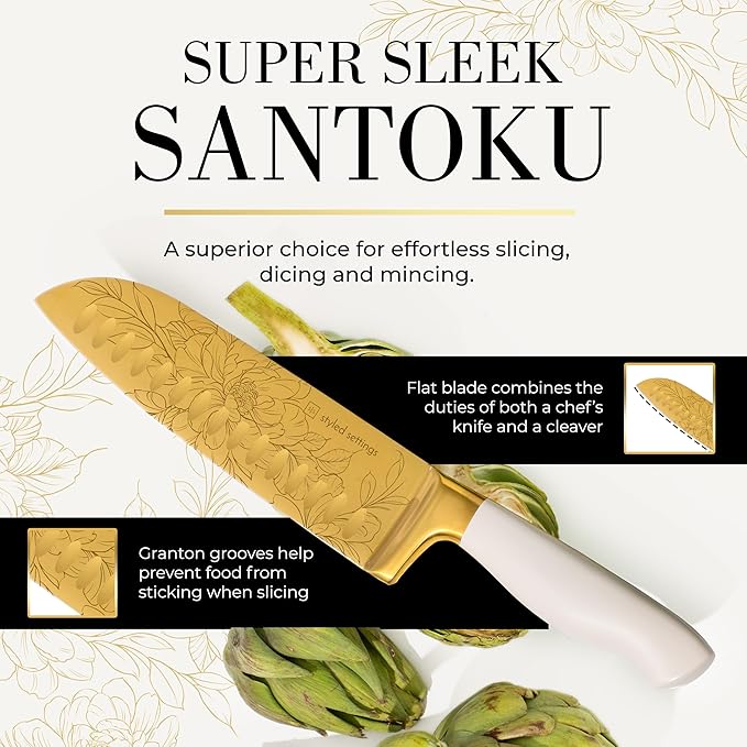 STYLED SETTINGS Knife Set with Built-in Sharpener – 14 PC Golden Titanium-Coated Stainless Steel Blades with Elegant Floral Pattern, Ultra-Sharp, Durable Kitchen Knife Block Set
