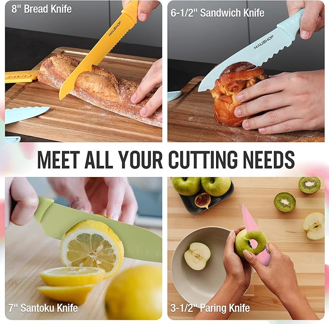 HAUSHOF Kitchen Knife Set, 12-Piece Colorful Knives Set with 6 Sheaths for Kitchen, Non-Stick Coated Stainless Steel Blades for Slicing, Dicing&Cutting, Gifts Knife Set for Dad, Mom, Husband and Wife