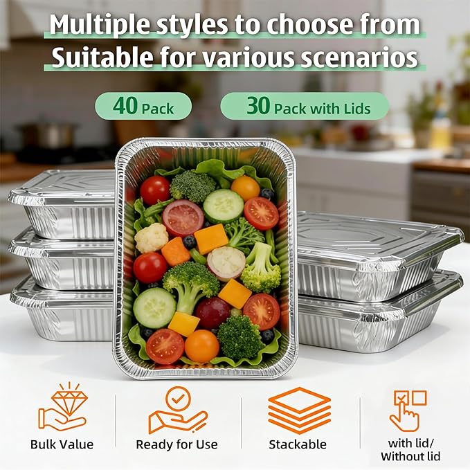 9x13 Inch Aluminum Pans (40 Pack) – Disposable Half-Size Foil Pans, Deep Tin Foil Pan, Disposable Baking Pans for Cooking, Heating, Storing & Prepping Food, Steam Table Deep Trays, Oven-Safe
