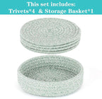 Trivets for Hot Dishes, Pots and Pans, Hot Pads with Storage Basket, Pot Holders for Kitchen, Heat Resistant Mat Protect Counter Home Essentials, Farmhouse Decor (Green 4 PCS)