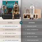 BARE BARREL® Mixology Bartender Kit Bar Set | 14-Piece Cocktail Shaker Set | Martini Barware Mixing Tools for Home Bartending | Incl. 35 Recipe Cards | Gift Set (24oz Cobbler Shaker, Brass/Black)