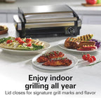 Hamilton Beach Electric Indoor Searing Grill with Adjustable Temperature Control to 450F, 118 sq. in. Surface Serves 6, PFAS-Free Removable Nonstick Grate, Stainless Steel (25360)