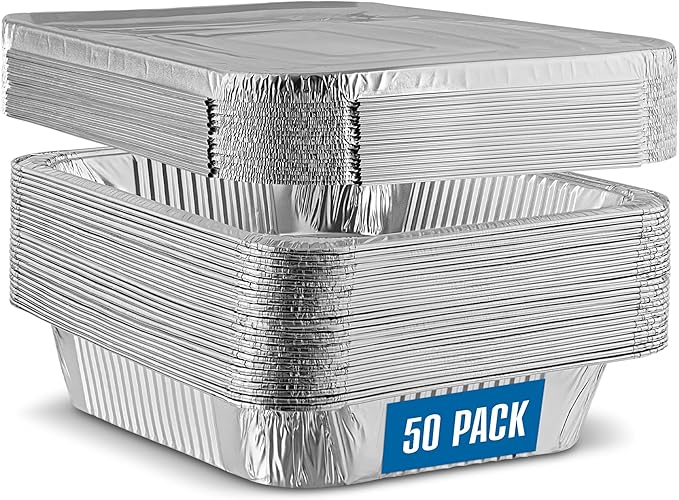 PLASTICPRO 50 Pack Aluminum Pans 9'' x 13" Disposable Pans with Covers Heavy Duty 10 lb Foil Pans for Baking and Cooking