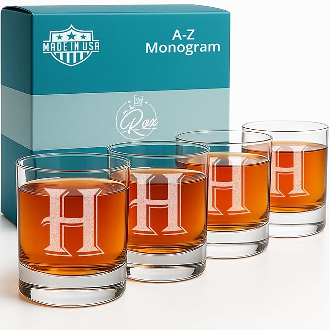 On The Rox [H-Monogram] - 4 Piece Set of 11 Ounce Engraved Heavy Base Rocks Whiskey Bourbon Glasses Elegant Glass-Multi-Purpose Beverage-Rocks Glass- Ideal Gift for any Occasion Drinks