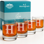 On The Rox [H-Monogram] - 4 Piece Set of 11 Ounce Engraved Heavy Base Rocks Whiskey Bourbon Glasses Elegant Glass-Multi-Purpose Beverage-Rocks Glass- Ideal Gift for any Occasion Drinks
