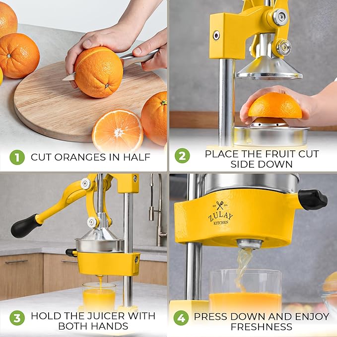 Zulay Kitchen Cast Iron Juicer - Easy-to-Clean Heavy-Duty Manual Juicer, Professional Citrus Juicer - Stainless Steel Lemon Squeezer - Manual Citrus Press & Orange Squeezer - Orange Juicer (Yellow)