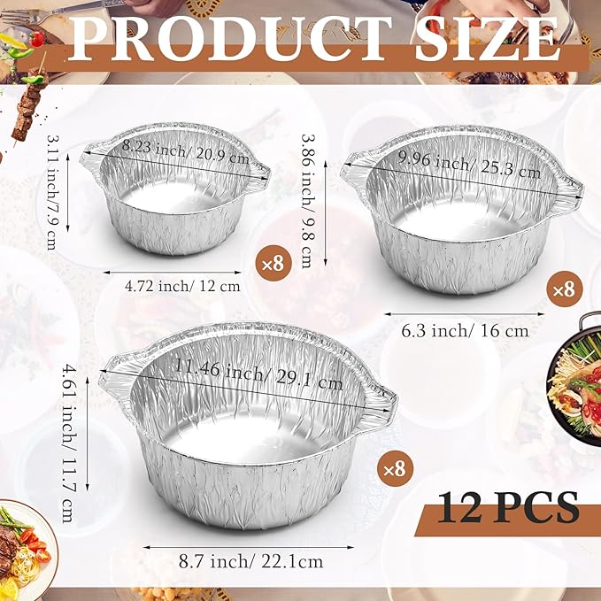 Ziliny 24 Pcs Disposable Aluminum Pot with Lid Round Foil Pans Disposable Cookware Food Container for Vacation Trips Camping Baking Heating Cooking (33.8,67.6,121.7 oz)