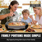 FineMade 12-inch Family Size Electric Skillet with Lid, Ceramic Skillet Electric, Square Skillet, Non Stick Electric Skillet Griddle Pan, PFAS-Free Temperature Control, 1500W, 6 QT, Gray