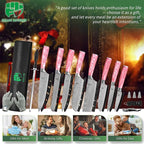FULLHI 15pcs Japanese Knife Set with Magnetic Knife Block Holder, Japan Stainless Steel Blades, Ergonomic Handles for Professional and Home Cooking (Pink, Knife set)