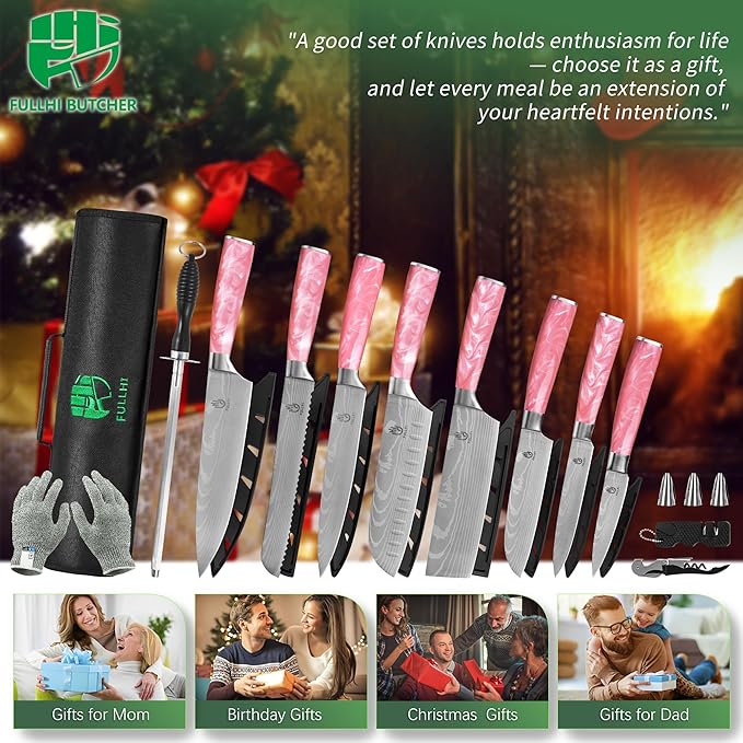 FULLHI 15pcs Japanese Knife Set with Magnetic Knife Block Holder, Japan Stainless Steel Blades, Ergonomic Handles for Professional and Home Cooking (Pink, Knife set)