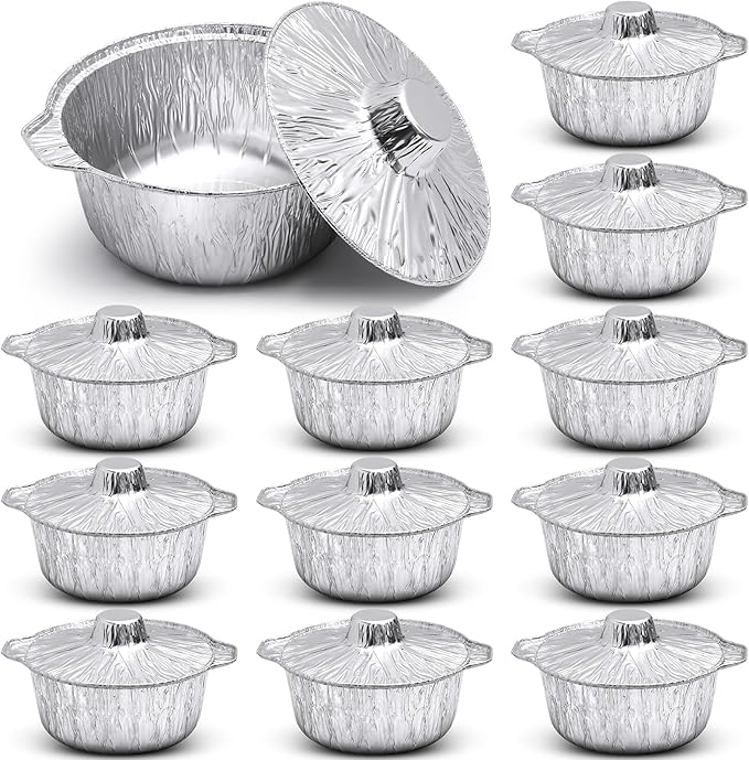 Ziliny Disposable Aluminum Pot with Lid Round Foil Pans Disposable Cookware Food Container for Vacation Trips Camping Baking Heating Cooking(12 Pcs,74.4 oz)