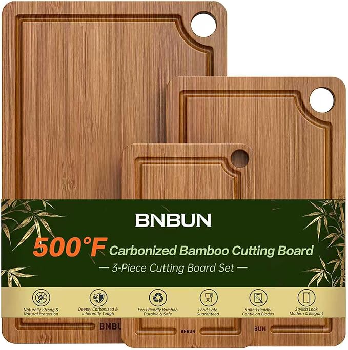 Bamboo Cutting Board for Kitchen – 3-Piece Wooden Boards with Juice Grooves, Side Handles, Non-Slip Mats – Perfect for Meat, Veggies Fruit,Cutting Board & Knife Sets – Ideal Kitchen Gift