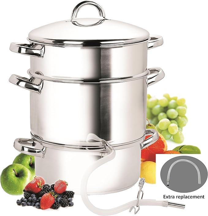 Cook N Home Basics Canning Juice Steamer Extractor With water/cooking pan, juice pan, strainer/loading pan, lid, and hose with clamp , 11-Quart, Mirror Satin, Stainless Steel