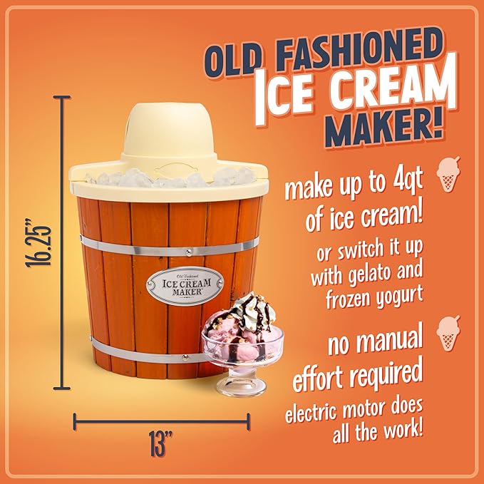 Nostalgia Electric Ice Cream Maker With 4 Qt Capacity- Old Fashioned Ice Cream Machine Makes Frozen Yogurt or Gelato in Minutes- Vintage Wooden Style Ice Cream Maker with Aluminum Canister- Light Wood