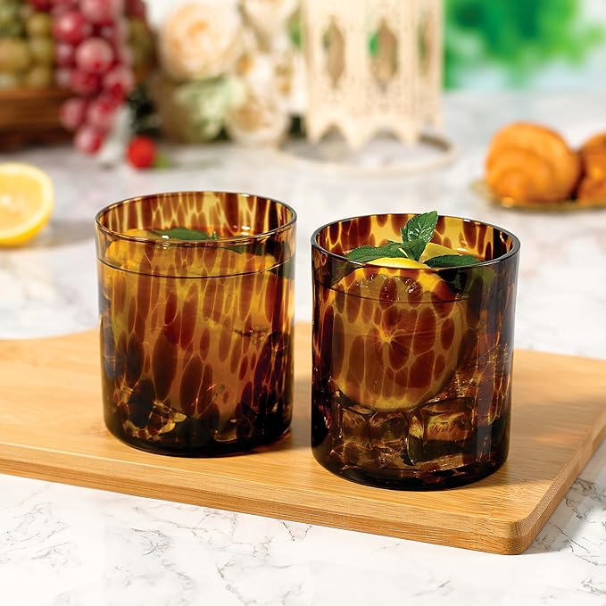 Joseph Sedgh Collection Tortoise Shell DOF Lowball Glass Set of 4 – 10.15 oz Borosilicate Whiskey & Cocktail Glasses – Stylish, Lead-Free, Dishwasher Safe – Gift Box Included