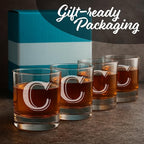 On The Rox (C-Monogram) - 4 Piece Set of 11 Ounce Engraved Heavy Base Rocks Glasses Elegant Glass-Multi-Purpose Beverage-Rocks Glass- Gift for any Occasion Drinks