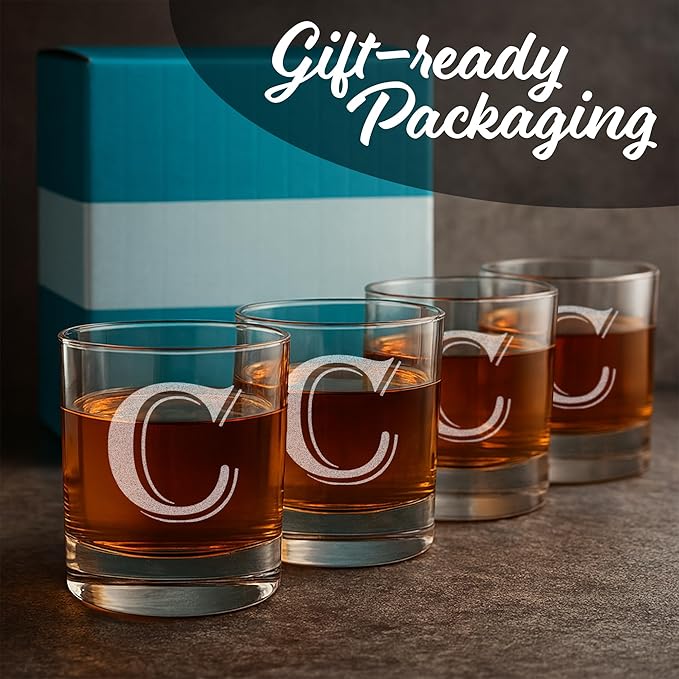 On The Rox (C-Monogram) - 4 Piece Set of 11 Ounce Engraved Heavy Base Rocks Glasses Elegant Glass-Multi-Purpose Beverage-Rocks Glass- Gift for any Occasion Drinks