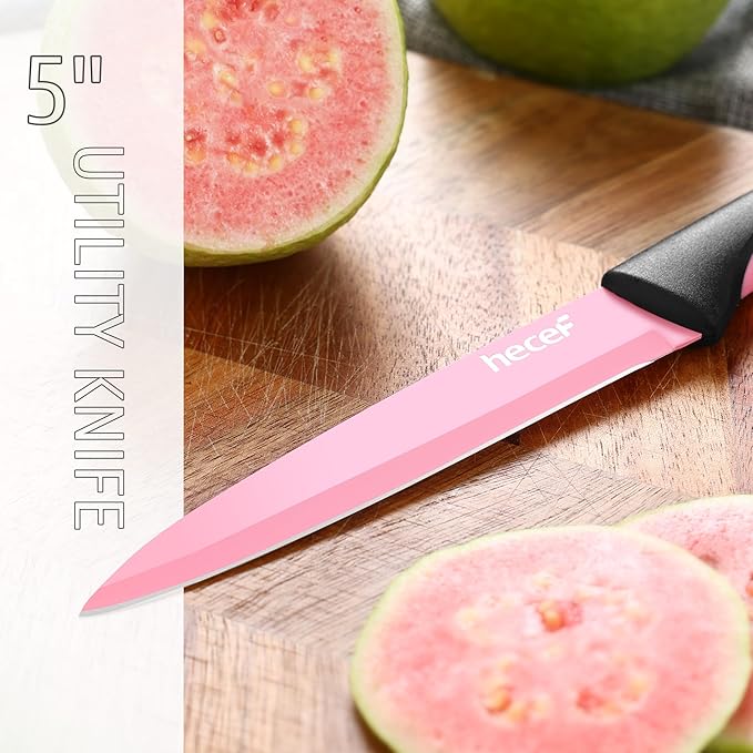 hecef 13 Pieces Kitchen Knife Set with Built-in Sharpening Wooden Block, Dishwasher Safe, High Carbon Stainless Steel Knife Block Set with Steak Knives, Kitchen Scissors, Pink