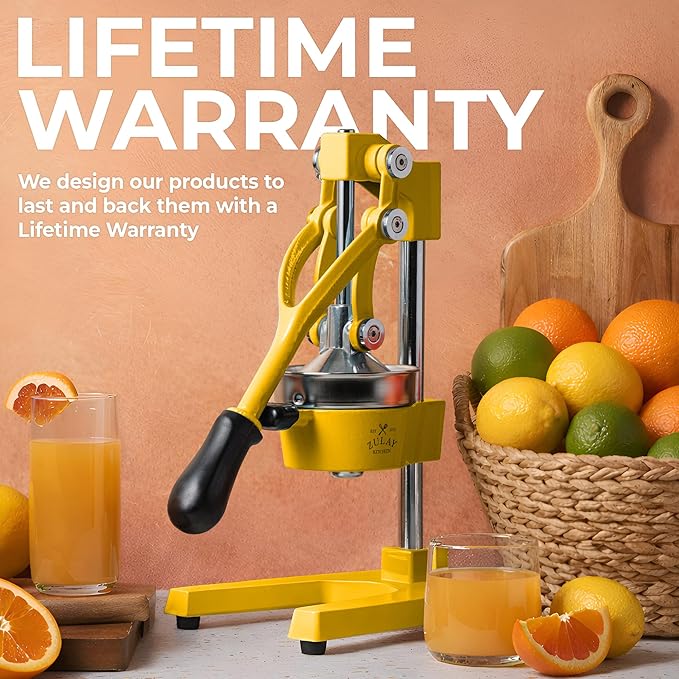 Zulay Kitchen Cast Iron Juicer - Easy-to-Clean Heavy-Duty Manual Juicer, Professional Citrus Juicer - Stainless Steel Lemon Squeezer - Manual Citrus Press & Orange Squeezer - Orange Juicer (Yellow)