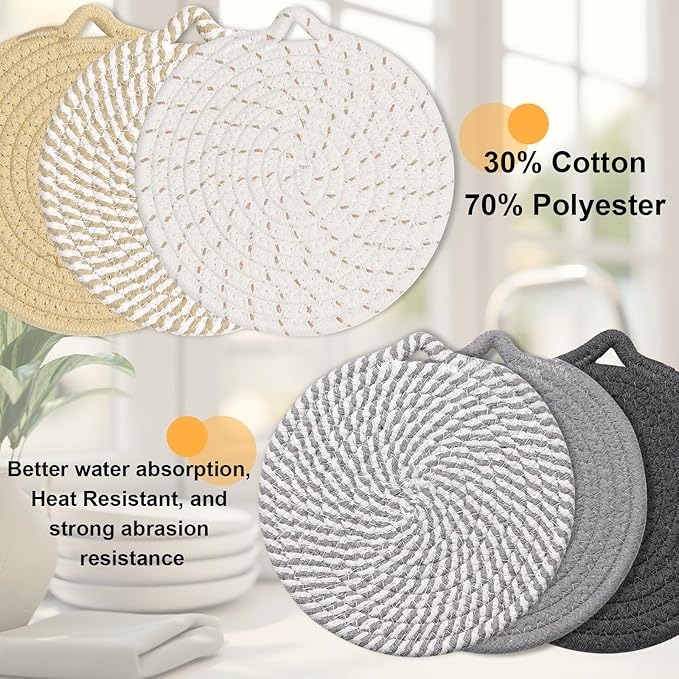 7" Trivets for Hot Dishes, 6 Pack Hot Pads for Kitchen Counter & Dining Table, Heat Resistant | Scratches | Stains Cotton Trivets for Hot Pots and Pans