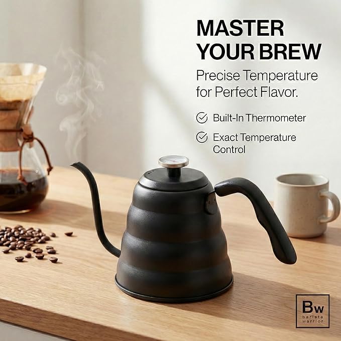 Barista Warrior Gooseneck Kettle with Thermometer - 1.2L Pour Over Coffee & Tea Kettle, 18/8 Matte Black Gooseneck Kettle Pot, Precision Pour Drip Spout, Suitable for All-Stoves (40 fl oz)