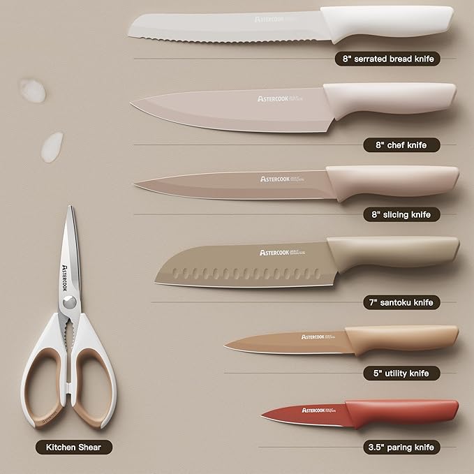 Astercook Knife Set, 13 Pieces Kitchen Knives Set with Healthy Anti-Rust Coating, Dishwasher Safe, Stainless Steel Chef Knife Sets with 6 Blade Guards, Perfect Holiday Gifts for Kitchen (Pack of 2)