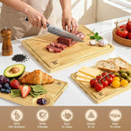 Piklohas Large Bamboo Cutting Boards Set of 4 for Kitchen, Bamboo Charcuterie Chopping Board with Holder Non Slip, Steak Serving Tray with Juice Groove, Big Butcher Block for Cheese, Ideal for Gift
