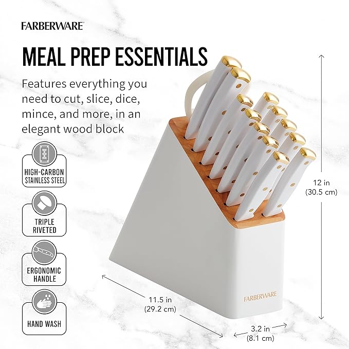 Farberware 14-Piece Knife Block Set, White and Gold – Razor-Sharp, High-Carbon Stainless Steel, Triple-Riveted, Ergonomic Handles, Stylish Wood Block