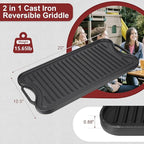 Cast Iron Reversible Grill/Griddle Pan -20"x10.5" Pre-Seasoned Rectangular Double Sided Griddle Plate for Gas Stove, Oven, Camping, Indoor & Outdoor Cooking - Non-Stick, Durable & Versatile